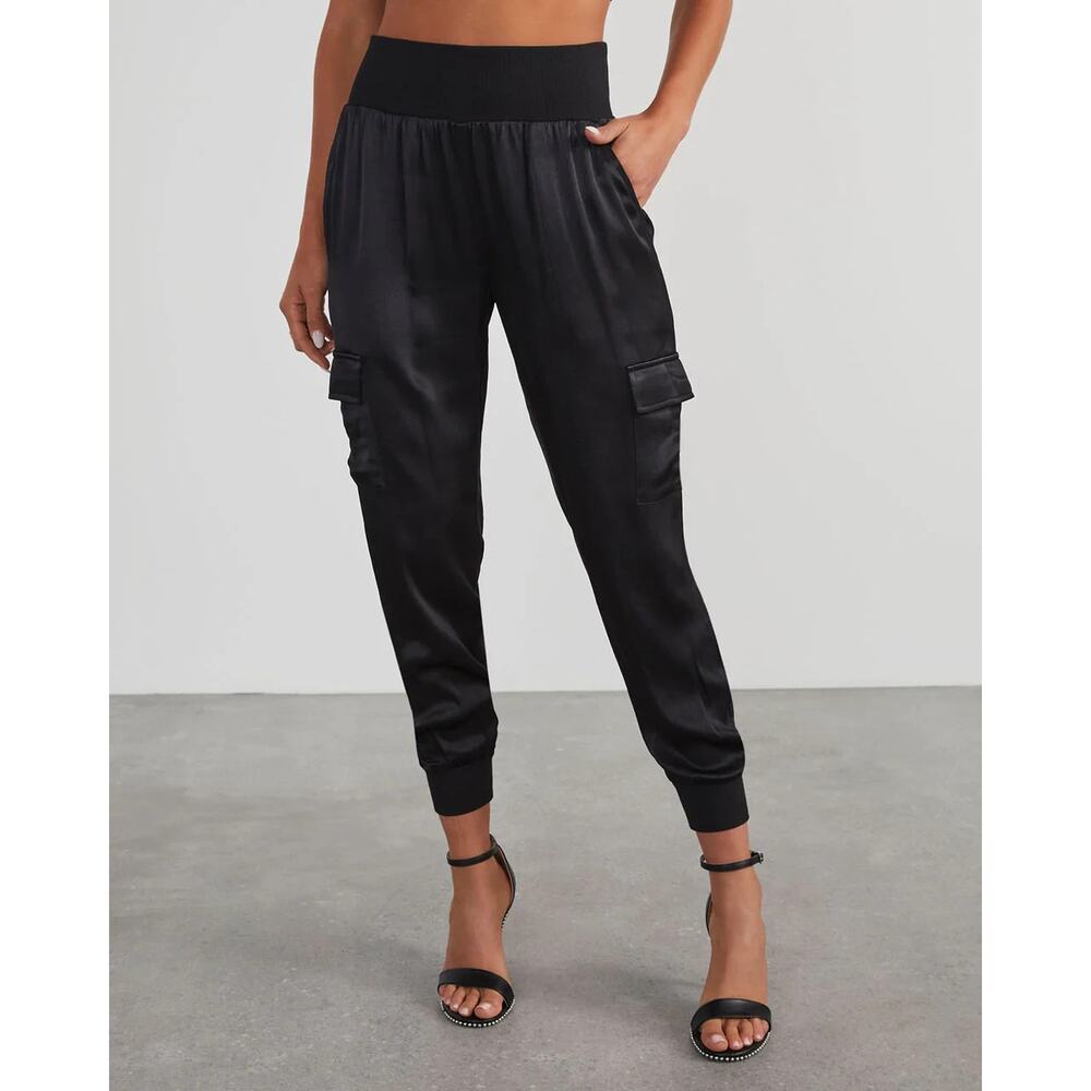 Vici Black Satin Cargo Joggers - Wide Leg Women's Pants